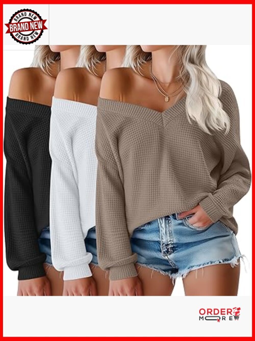3 Pack Waffle Knit Off Shoulder Tops Long Sleeve V Neck Oversized Tees